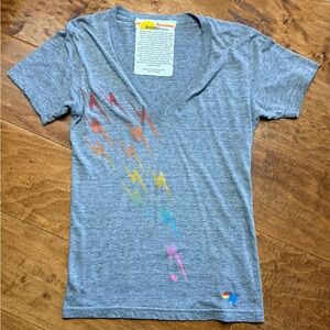 Aviator Nation Rainbow Lightning Bolt V-Neck Tee Gray Made in USA Size L